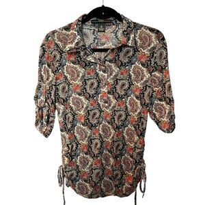 Amang NY Women's Short sleeve blouse Size Small Navy Blue Pink Multi Paisley